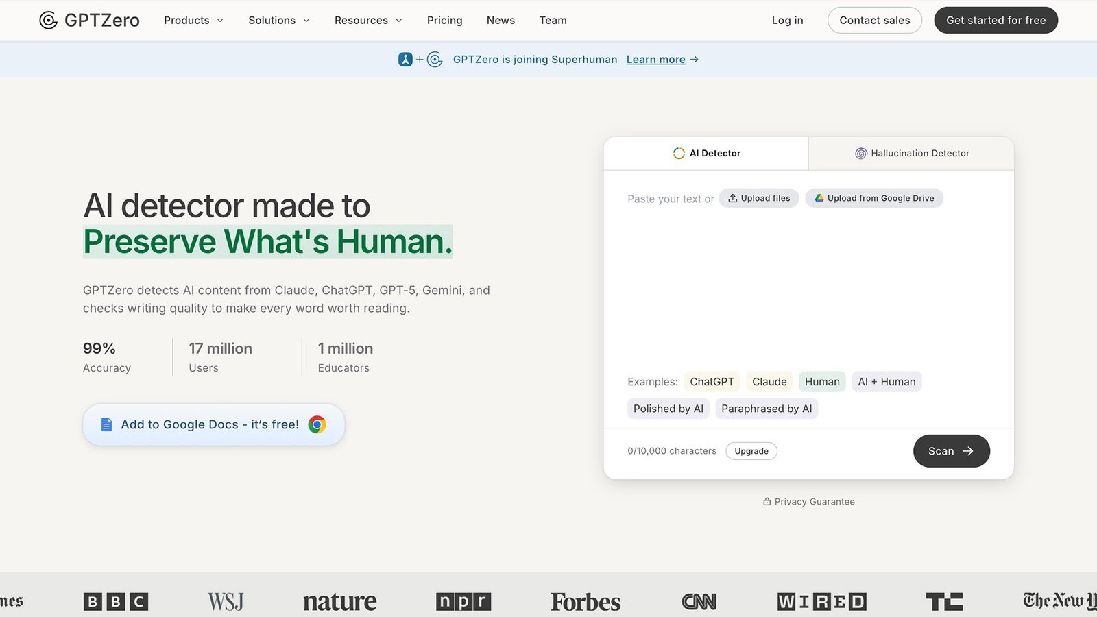 Screenshot of the GPTZero AI detector