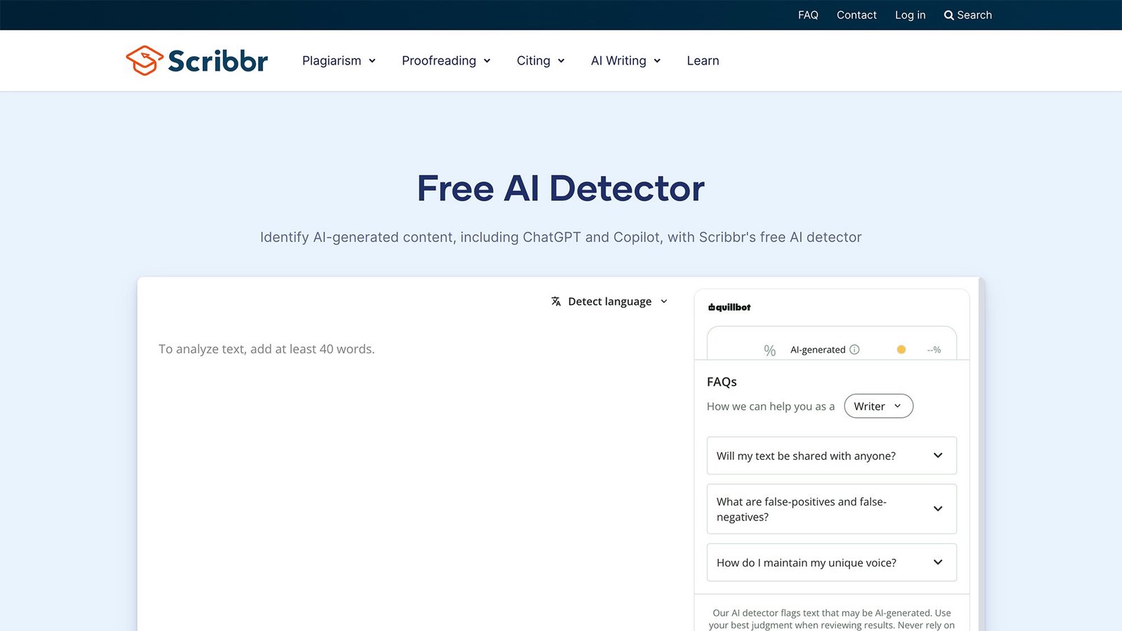 Screenshot of the Scribbr AI detector