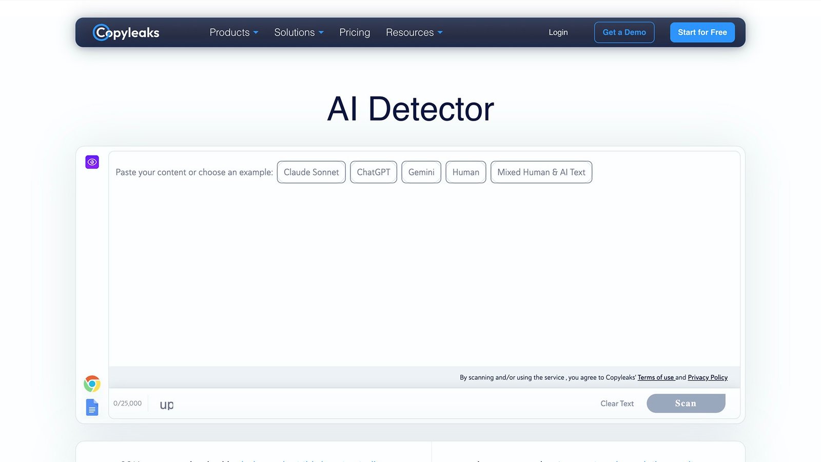 Screenshot of the CopyLeaks AI detector
