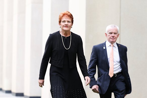 One Nation leader Pauline Hanson and Senator Malcolm Roberts in Parliament last year.