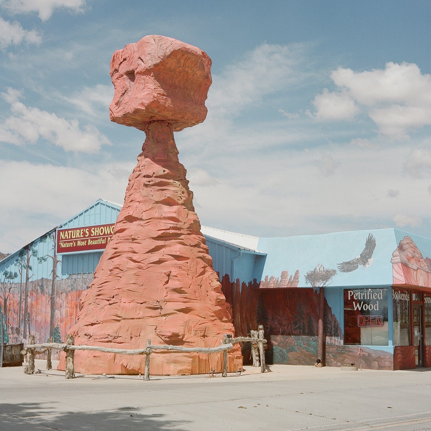 A sculpture outside a shop made of petrified wood.