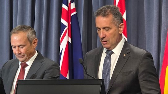 WA Premier Roger Cook and Correctional Services Minister Paul Papalia at the announcement of Papalia's resignation on Monday afternoon.