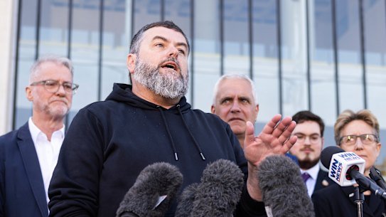 Damien Pollard during a press conference outside the High Court, Canberra, Wednesday, September 13, 2023. Fedpol Photo: Alex Ellinghausen