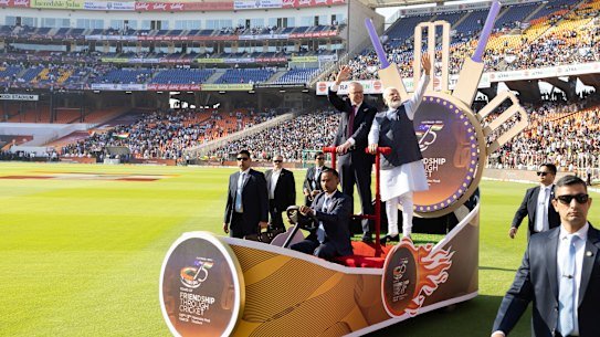 Anthony Albanese in a car with Indian Prime Minister Narendra Modi ahead of the fourth Test in Ahmedabad in 2023.