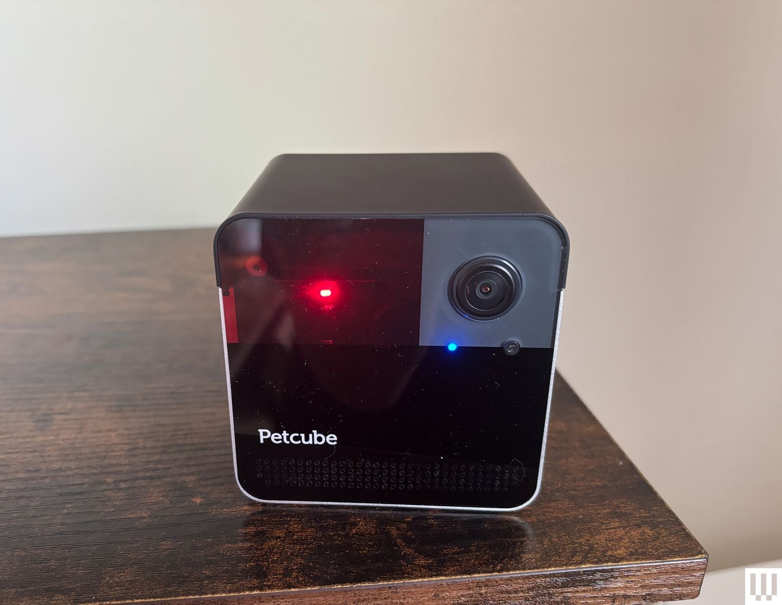Black rotating pet camera with red laser sits on wooden shelf with cream wall background