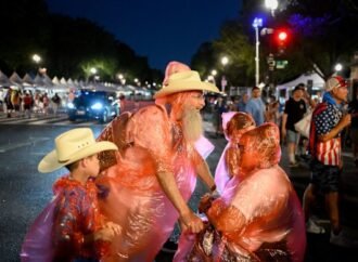 Donald Trump says his speech will go ahead after an event in Washington was postponed by a storm, upsetting the celebration of America’s 250th anniversary.