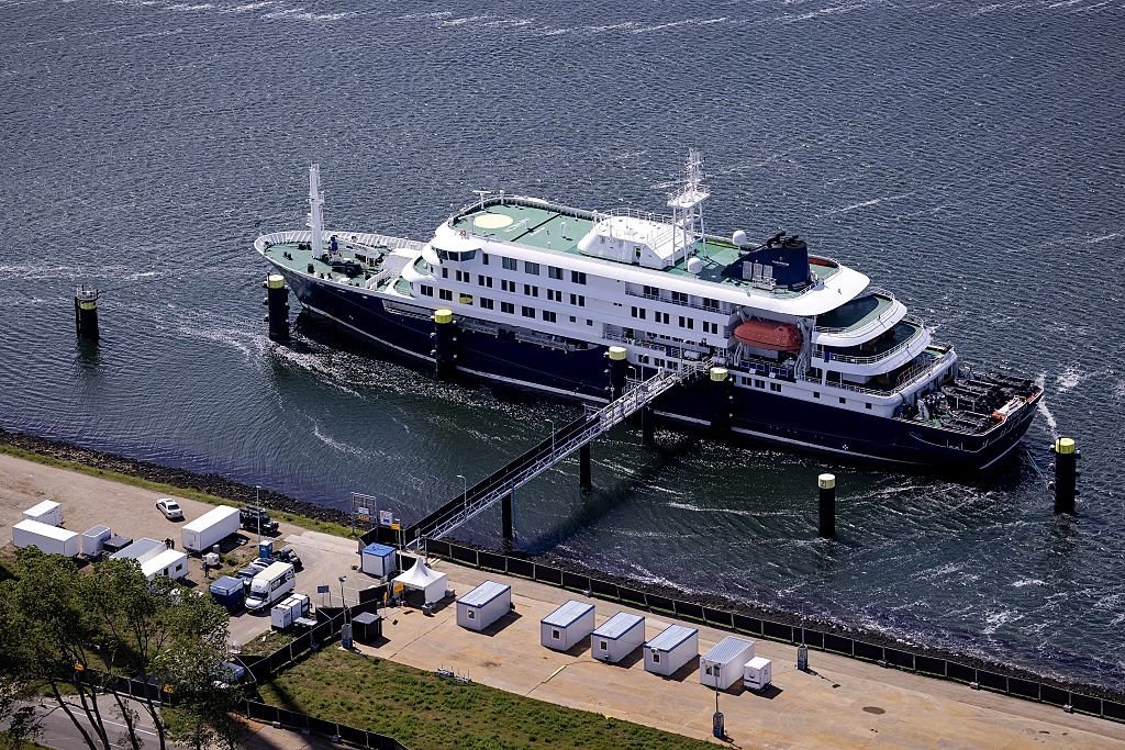 Aerial view shows the hantavirus-affected Dutch cruise ship MV Hondius docked after arriving at the port of Rotterdam on May 18, 2026. 