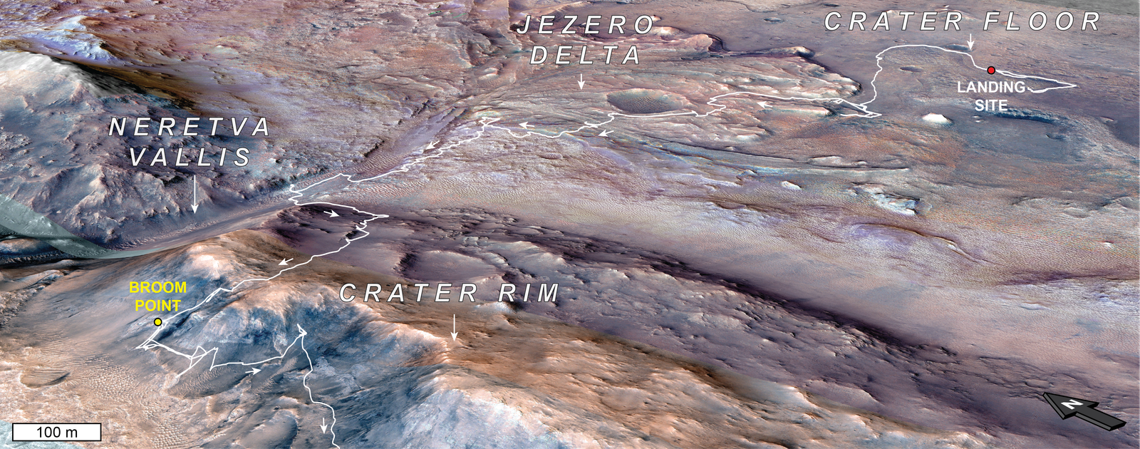 A reddish rocky Martian landscape overlaid with a white line zigzagging from the top right to the bottom left of the image. The annotations indicate the landing site, the crater floor, the delta, Neretva Vallis, the crater rim and