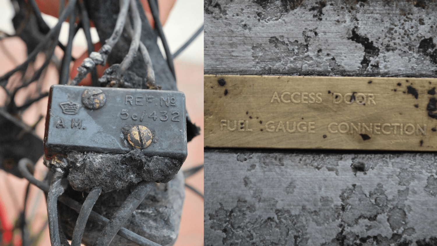 Close-up, side-by-side photographs of the wreckage of an aircraft, including a serial number and fuel gauge connection