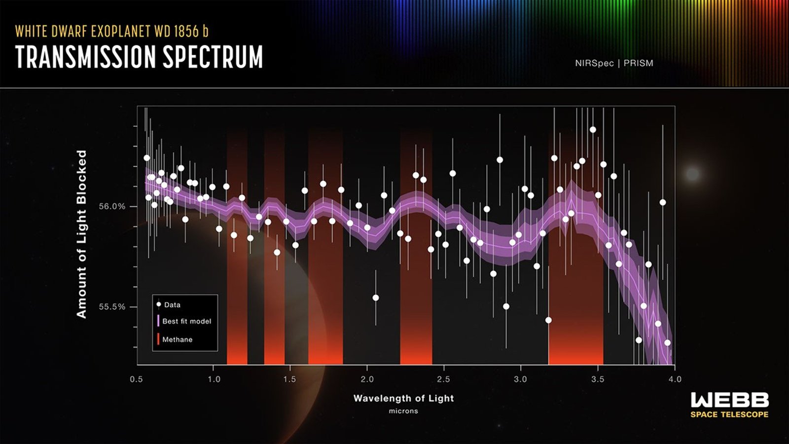 The graph titled “Gas giant exoplanet WD 1856 b, transmission spectrum, NIRSpec PRISM” shows a graph of the amount of light blocked by percentage on the y-axis and the wavelength of light in microns on the x-axis. The y-axis ranges from 55.2% to 56.5% with ticks every 0.1% and labels at 55.5 and 56.0. The x-axis ranges from 0.5 to 4.0 microns with markings every 0.5 microns. A thick purple line outlined with two semi-translucent bands has an inner line that is darker and an outer line that is lighter. The purple line is wavy and runs higher in the upper third to about 3.5 microns, where it drops to 55.2 on the y-axis and 4.0 on the x-axis. Five humps are highlighted by vertical red bars, indicating the presence of methane. White circles representing data points are scattered above and below the purple line. A key shows that the purple line is the best-fitting model, the red highlights methane, and the white circles represent the data.