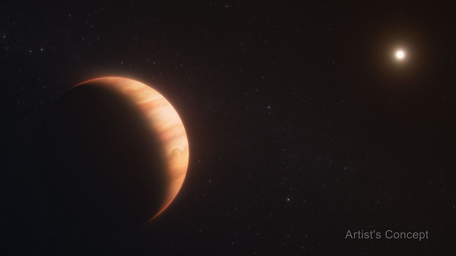 An orange gas giant planet on the left, taking up about a third of the frame, in front of a star, which appears on the top right as a much smaller bright spot. The planet has subtle bands of orange clouds. The star illuminates the right side of the planet like the crescent of a crescent moon. Both are on the black background of space. The words