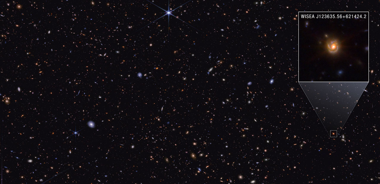 A rectangular image with thousands of galaxies of various shapes and colors on the black background of space. Some are noticeably spiral, either face-on or edge-on, while others are elliptical. Many are too small to discern any structure. A prominent foreground star at top center features Webb's characteristic 8-point diffraction peaks. At the top right, a box shows an enlarged part of the image. The foldout features a spiral galaxy with the label