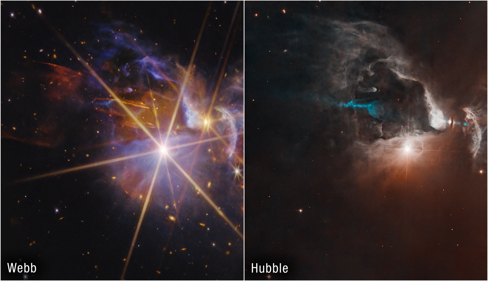 Side-by-side images of FS Tau, a star-forming nebula. The left, called Webb, shows transparent blue and violet clouds of gas and dust extending from the center to the right. Several yellow and white protostars, some of which display Webb's eight-point diffraction pattern, are found within the clouds. Orange wisps of gas extend from one of the protostars in the center to the upper left and lower right corners. The right, called Hubble, shows a bright white dot formed by two orbiting stars with a four-point diffraction pattern to the right of center. At 2 o'clock from this star is another smaller protostar, surrounded by a dark disk of matter. In the center of the image is a cavity where the clouds are thinner and the stars in the background shine. The stars and the protostar lie at the edges of this cavity and are surrounded by dark clouds that look like thick smoke in the light. A thin, short jet of blue material extends horizontally and emerges from both sides of the disk.
