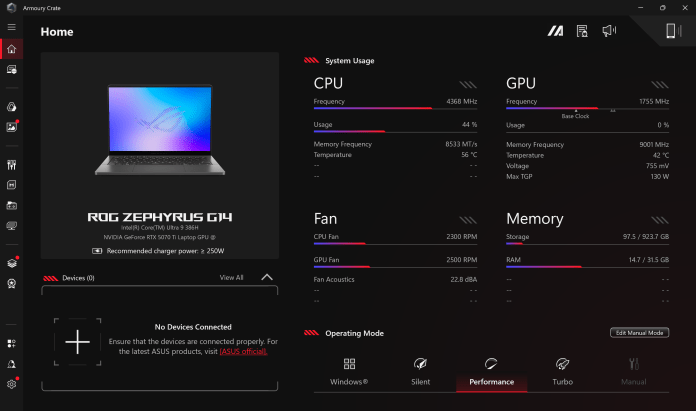 Screenshot of Armory Crate software showing dashboard with system usage, fans, memory usage, other connected devices (none in this case), and operating mode. The sidebar shows that you can cycle through different settings screens such as lighting, levels, images, and more.