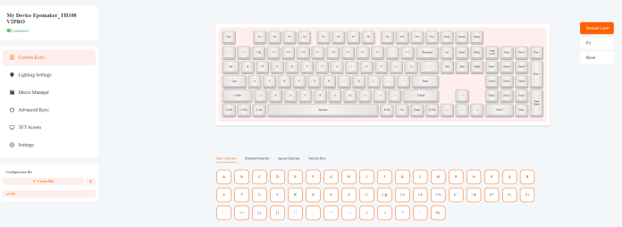 Screenshot of the Upgear Epomaker web-based software showing various options on the side for settings, including custom keys, lighting settings, macro management, advanced keys, the LCD screen, and other settings.