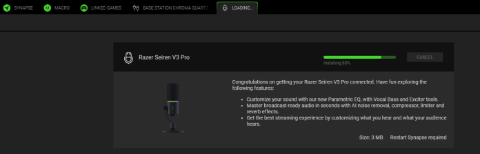 Screenshot of Synapse software showing the Razer Seiren V3 Pro connected and the software installing a firmware update. The screen test says "Congratulations on connecting your Razer Seiren V3 Pro. Have fun exploring the following features: Customize your sound with the new Parametric EQ, Vocal Bass, and Exciter tools. Master streaming-ready audio in seconds with AI noise removal, compressor, limiter, and speech effects. Get the best streaming experience by customizing what you hear and what your audience hears."