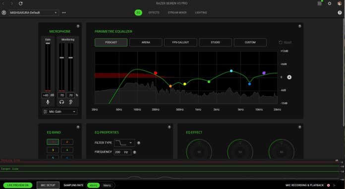 Screenshot from Synapse software showing the Razer Seiren V3 Pro connected and a ton of sound graphics for parametric EQ, effects, streaming mixer, lighting and lots of presets too.