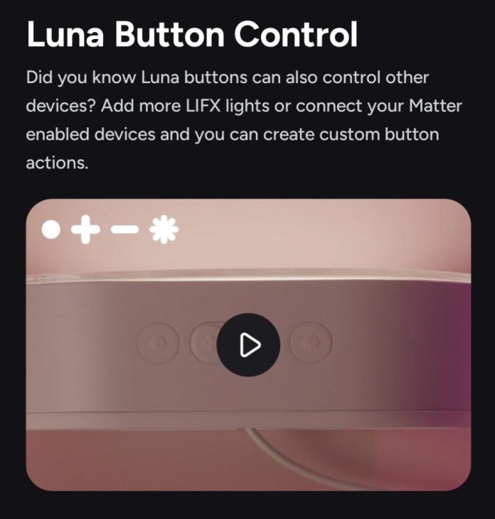 Screenshot of the LIFX app showing the Moon button control. The text says: "Did you know that Luna buttons can also control other devices? Add more LIFX lights or connect your Matter-enabled devices and you can create custom button actions".
