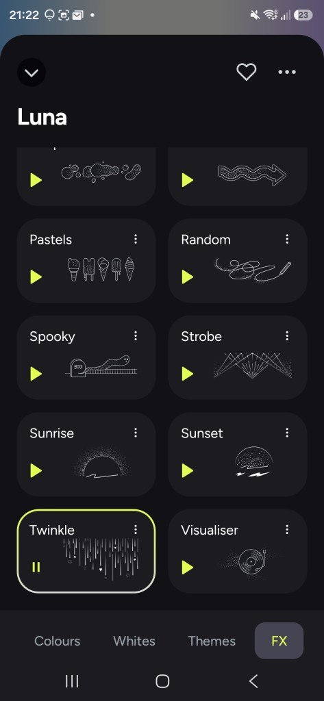 Screenshot of the LIFX app showing the Luna device and a bunch of "foreign exchange" with play and pause buttons next to effect options, such as "sunrise" "scintillation" and "sunset".