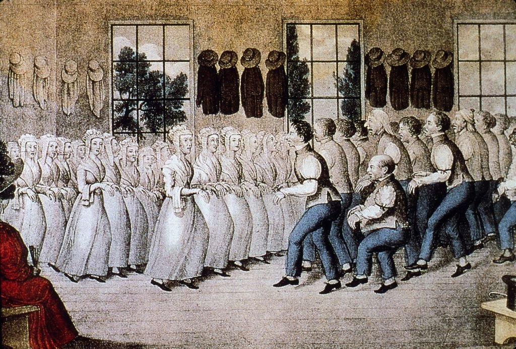 A 19th-century illustration showing women in bonnets dancing on the left and men dancing on the right in a large windowed room.