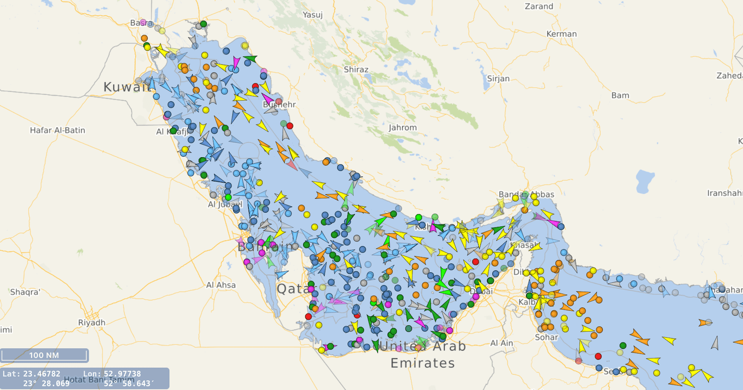 Map of the Strait of Hormuz showing all current ships trapped in the Persian Gulf as of July 28, 2026.