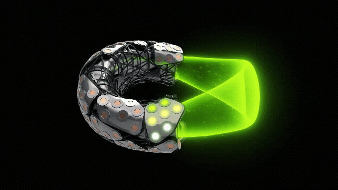 An animation of plasma flowing through the core of Thea Energy's Helios reactor.