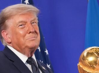 Trump celebrates the World Cup as a victory for the United States as he prepares to present the trophy to the winning team.
