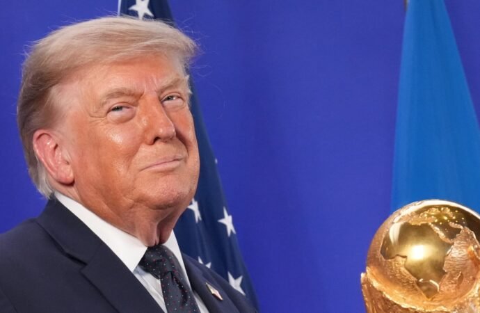 Trump celebrates the World Cup as a victory for the United States as he prepares to present the trophy to the winning team.