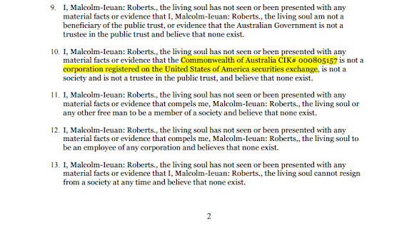 Malcolm Roberts' affidavit states there is no evidence that the Commonwealth of Australia “is not a corporation listed on the United States stock exchange.”