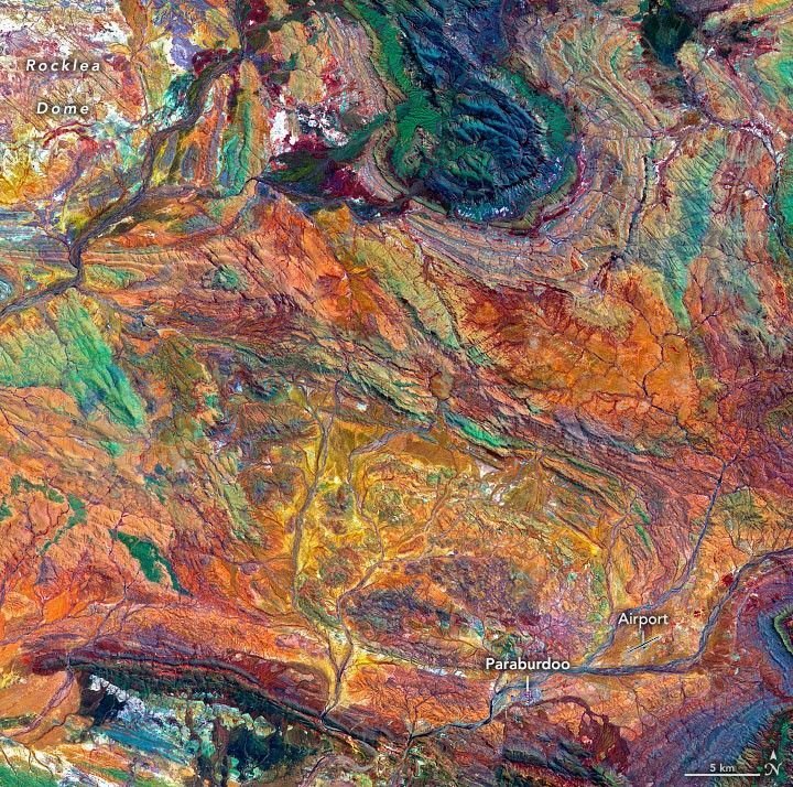 This image shows part of the Hamersley Basin in Western Australia, which is located in the south of the Pilbara Craton. A craton is the stable, geologically inactive core of an ancient continent. The Pilbara Craton has remained intact, surviving the affronts of plate tectonics and erosion since the Archean Eon (between four billion and 2.5 billion years ago). Image: NASA.
