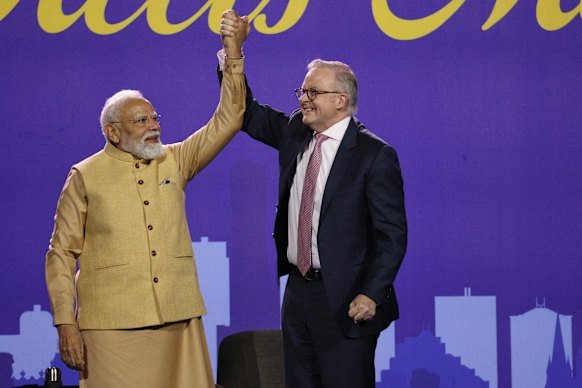 Indian Prime Minister Narendra Modi and Australian Prime Minister Anthony Albanese at Marvel Stadium on Thursday night.