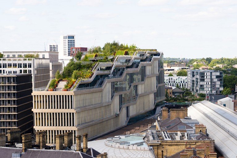 Rooftop view from King's Cross showing the Google office building with its stepped green roof.