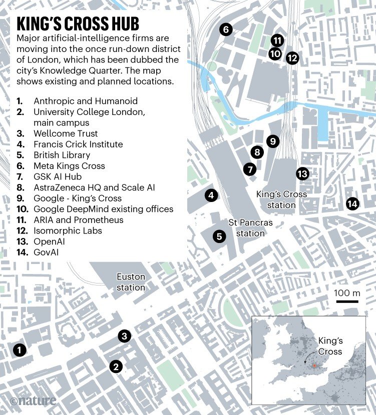 KING'S CROSS CENTER. The map shows the existing or planned locations of major AI companies in King's Cross, London.