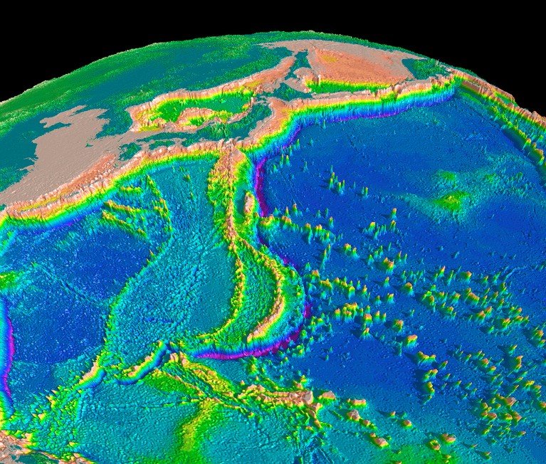 Computer model of the topography of the region surrounding the Mariana Trench.