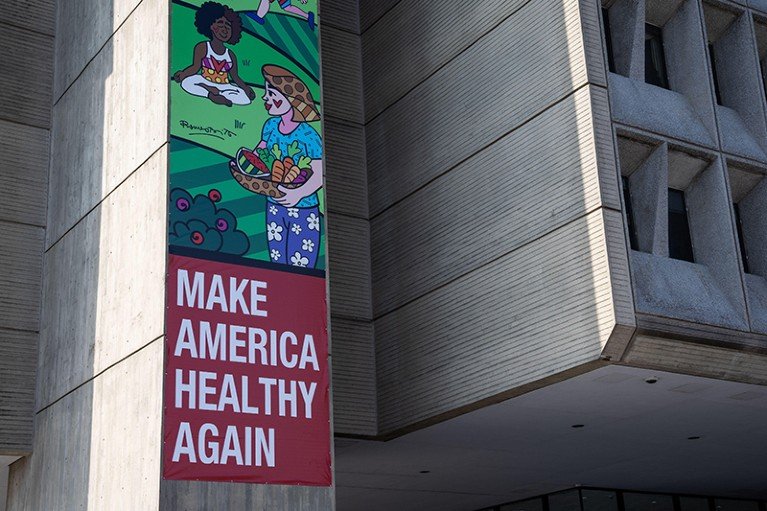TO "MAKE AMERICA HEALTHY AGAIN" The banner hangs on the Department of Health and Human Services building in Washington, DC. The artwork on the banner shows a woman holding a basket of fruits and vegetables.