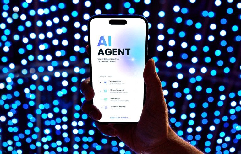 A hand holding a smartphone with an artificial intelligence agent application displayed on the screen.