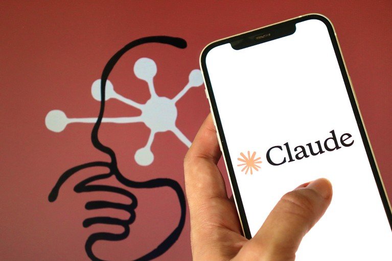 A close-up view of a hand holding a smartphone, with the Claude logo on the screen and a graphic of an amorphous thinking head in the background.
