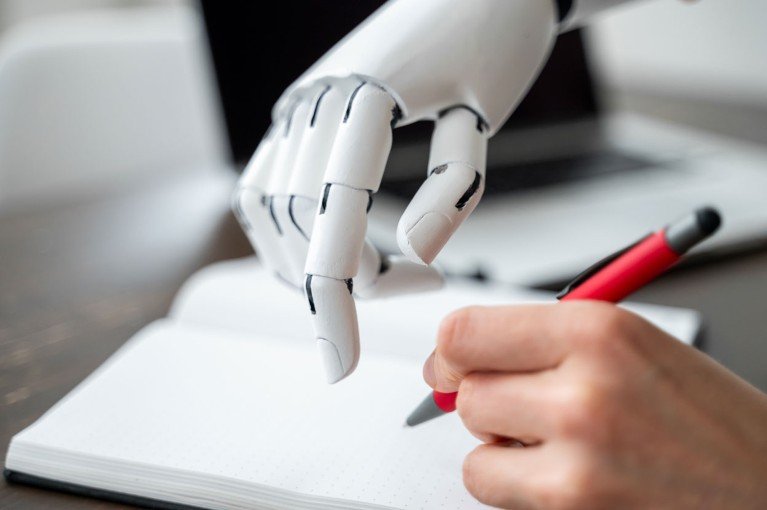 A close-up of a white robotic hand approaching an open notebook while a person writes with a red pen