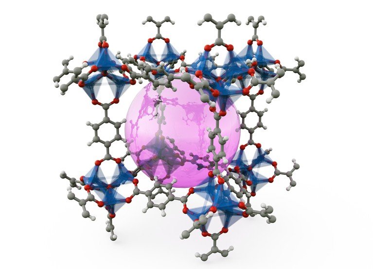 A computer rendered an illustration of the MOF-5 metal-organic structure in a 1x1x1 arrangement.