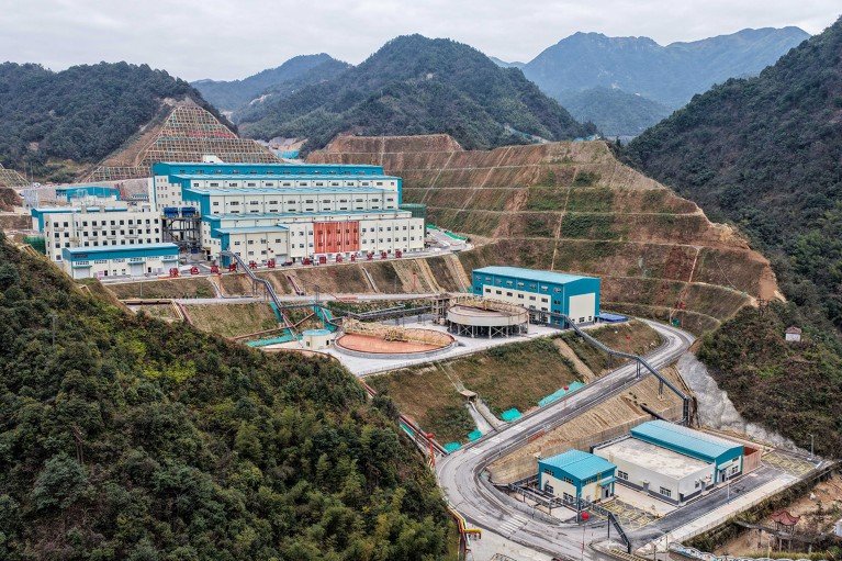Production is underway at the Hunan Zijin lithium polymetallic mine, a 5 million tonne per year operation in Yongzhou, China, built into the side of a mountain.