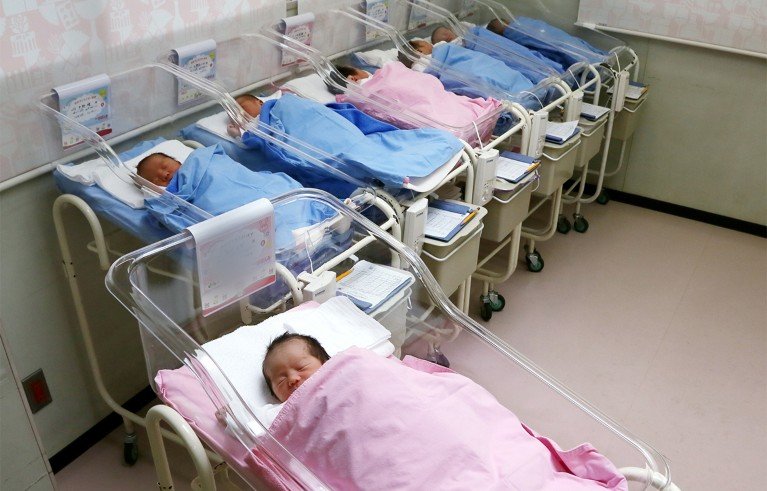 A hospital nursery showing seven newborn babies lying in individual clear plastic bassinets arranged in two rows. The babies are wrapped in pink and blue blankets.
