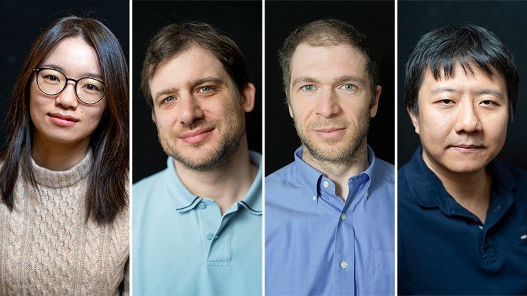 Composite image of the four Fields Medal winners side by side. From left to right are Hong Wang, Jacob Tsimerman, John Pardon and Yu Deng.