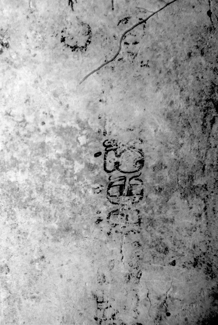 A black and white infrared image of Xultun Text 19 clearly showing the glyphs.