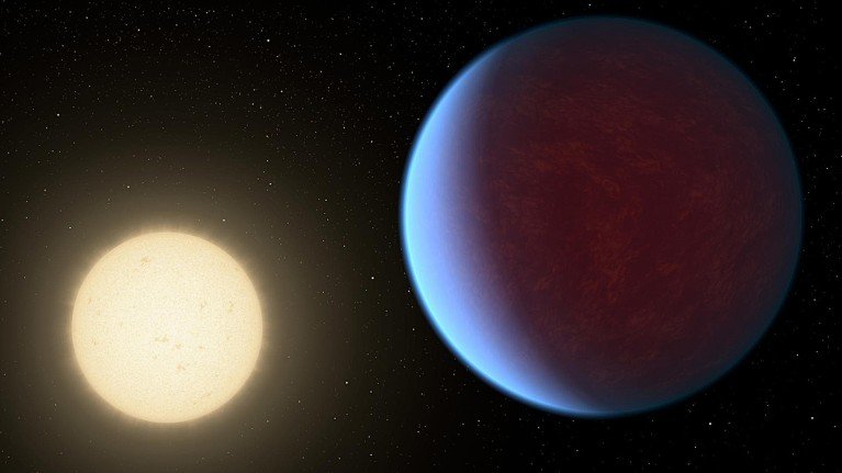 A large planet (dark red with the left side illuminated in blue) is shown next to a smaller, bright yellow star on a space background.