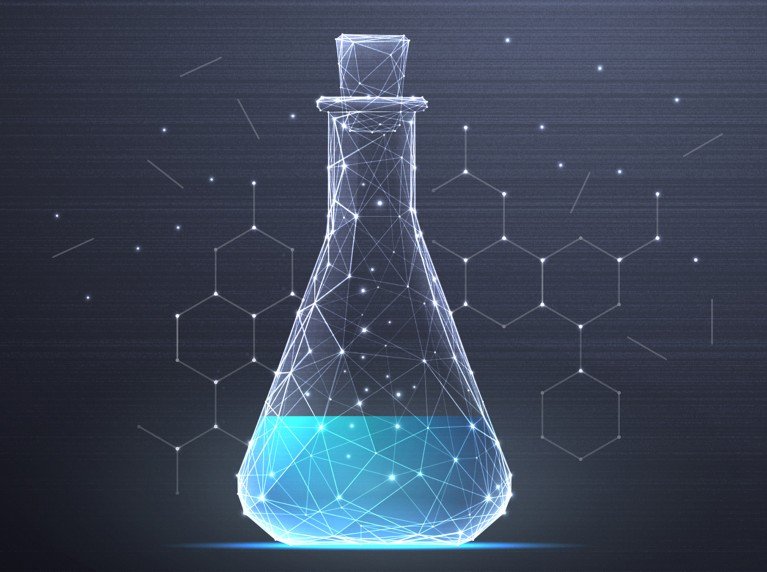 A stylized illustration of a corked, partially filled scientific flask with an array of lines and chemical structures behind it.