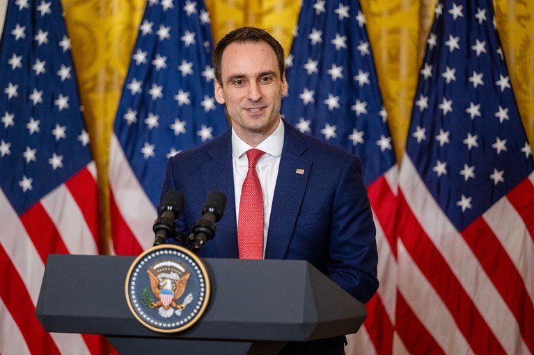Michael Kratsios giving a speech from a podium, during a ceremony at the White House, Washington.