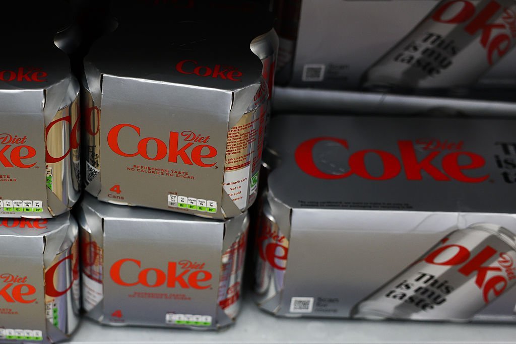 Packages of Diet Coke in a grocery store in London, Great Britain.