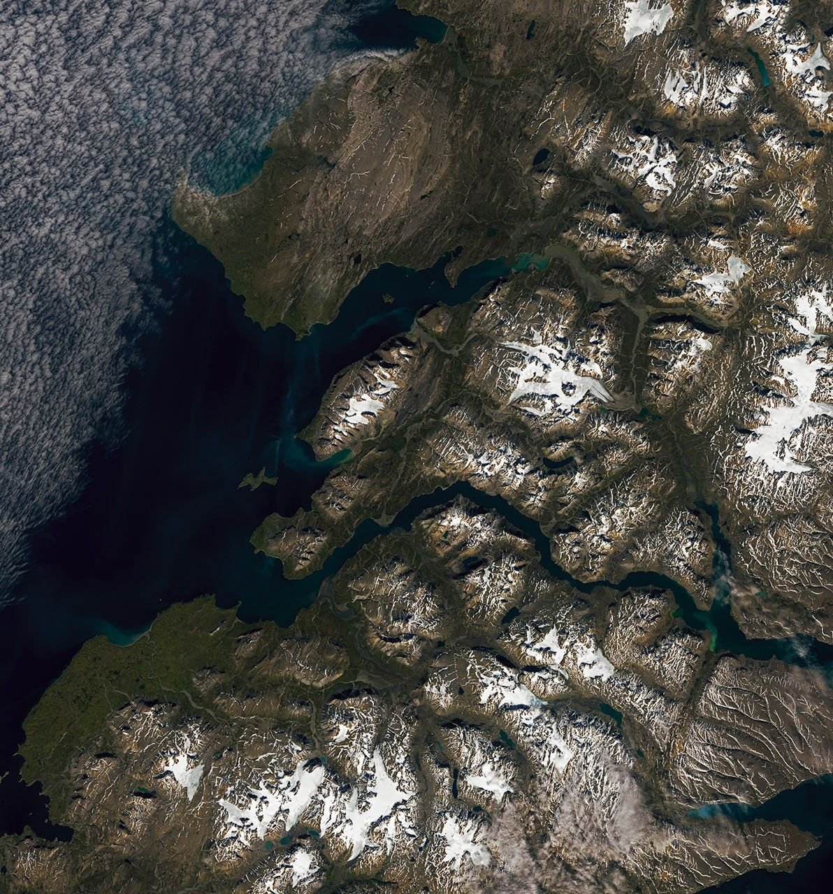 A braided river meanders through the image. Smaller streams flow into the wide channel from both sides, forming fan-shaped reservoirs.