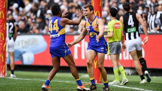 2018 AFL Grand Final, Collingwood v West Coast. 09/29/2018. photo by Justin McManus. Jamie Cripps (WC) celebrates a goal with William Rioli.