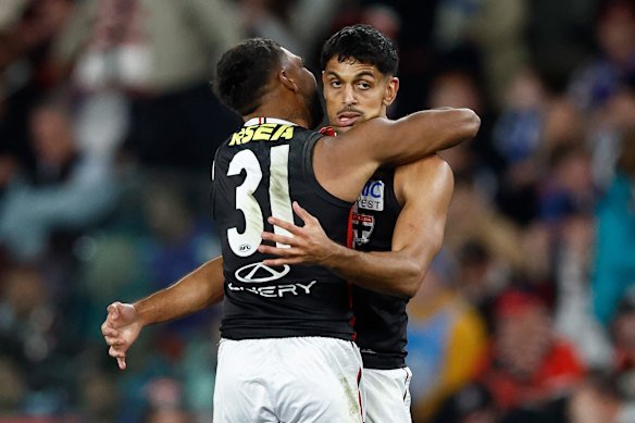 Nasiah Wanganeen-Milera, hugged by teammate Liam Ryan, was the match winner for St Kilda.